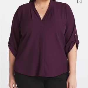 Calvin Klein V-neck Roll Sleeve Blouse, 1X, Purple